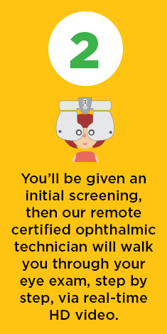 You’ll be given an initial screening,then our remote certified ophthalmictechnician will walk you through youreye exam, step by step, via real-time HD video.
